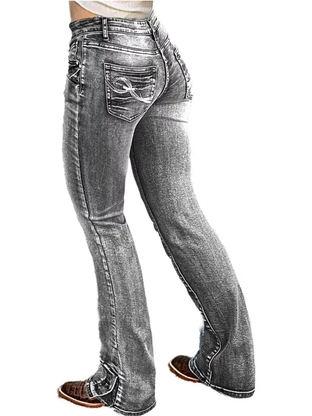 Women's Black Pull On Casual  Mid Rise Flare Leg Zipper Lifting Bootcut Jeans